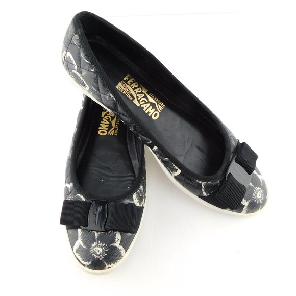 FERRAGAMO Black Vara Logo Bow Floral Sneaker Flats
